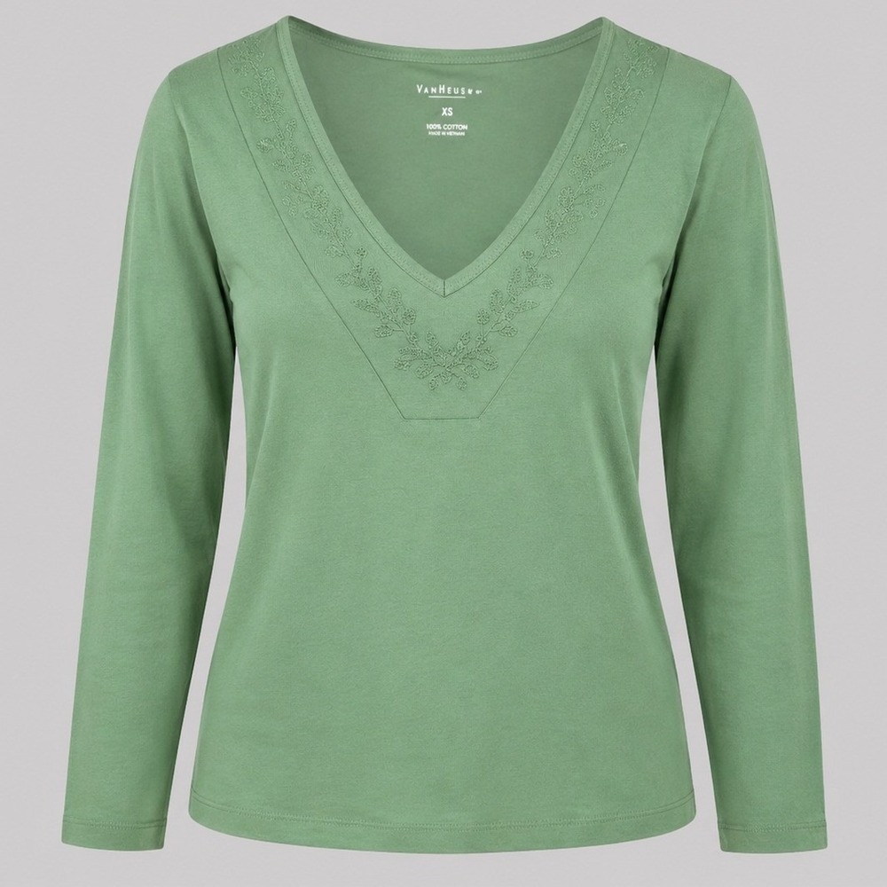 Van Heusen Womens XS Green 100% Cotton Embroidered V-Neck 3/4 Sleeve Top